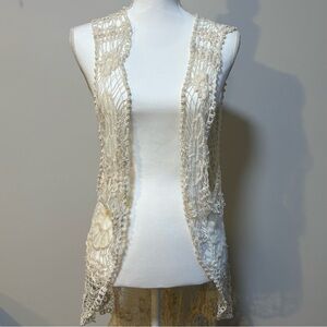 Woven Heart Boho Crochet Lace Duster Vest 47” Whimsical Cottagecore